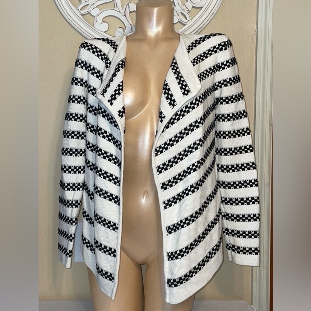 Talbots womens sweater small 4 6 cardigan black white stripe open work casual